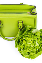 green woman bag with lettuce salad - isolated on white