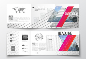 Poster - Vector set of tri-fold brochures, square design templates. Abstract colorful polygonal background, modern stylish triangle vector texture. 