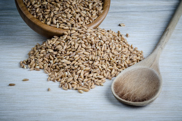 spelt with spoon on table cloth, close up, background.