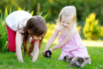 two adorable little sisters playing with small newborn kittens