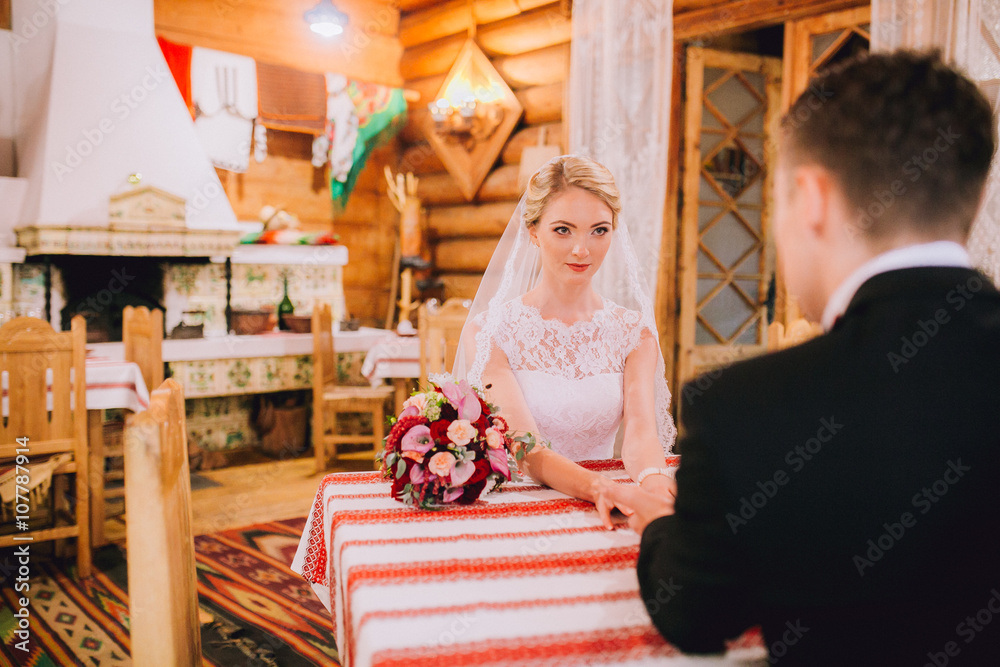Just married couple embrace, wedding pair hugging, Bride and Groom