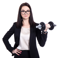 hard work concept - happy beautiful business woman with dumbbell