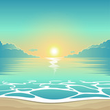 Fototapeta Zachód słońca - Vector summer background illustration beach at sunset with waves and clouds, seaside view poster