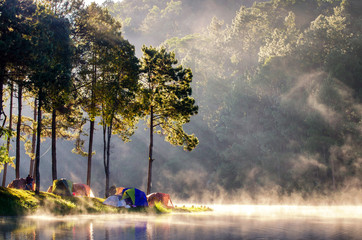 Wall Mural - morning in pang oung with the light and shadow and steam over th