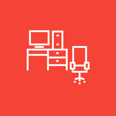 Poster - computer set with table and chair line icon.