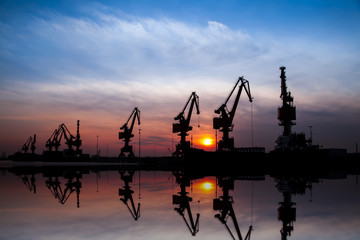 In the evening, portal crane in freight terminal