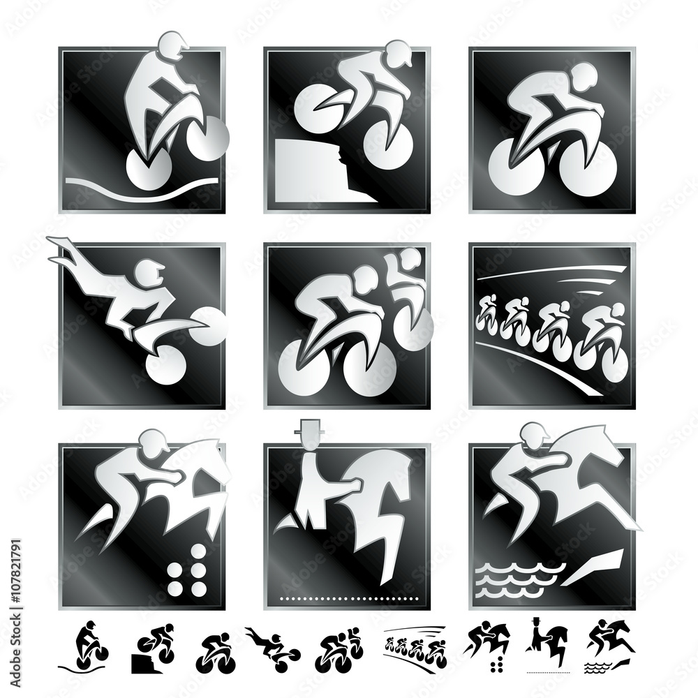Olympische Spiele 7 Sommer Sportarten Piktogramme Schwarz Radsport Und Reiten Stock Gamesageddon
