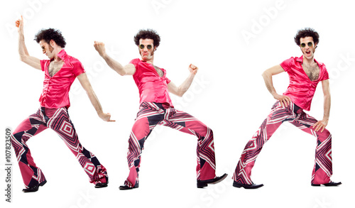 Fototapeta na wymiar 1970s vintage man with pink dress dance composition set isolated on white