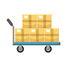 Hand Cart With Cardboards Icon, Cartoon Style 