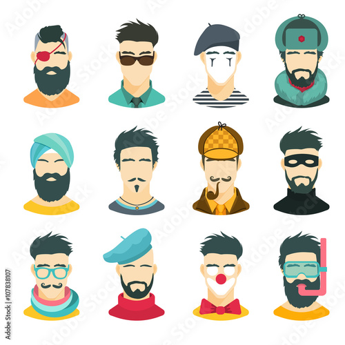 Fun Flat Icons Collection Of Various Men With Stylish Haircuts And