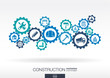 Construction mechanism. Abstract background with connected gears and integrated flat icons. Connected symbols for build, industry, architectural, engineering concepts. Vector illustration