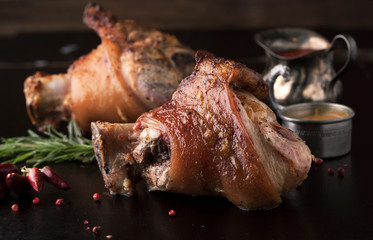 Canvas Print - Roasted pork knuckle with mustard, spices and rosemary