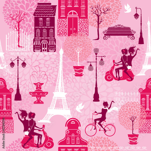 Cotton fabric Seamless pattern with girls riding on scooter and bicycle, house