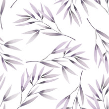 Seamless Floral Pattern With The Watercolor Purple Leaves On The Branches, Hand Drawn On A White Background