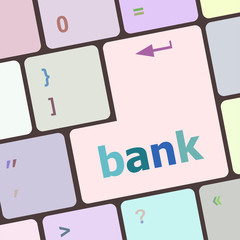 Poster - bank word on keyboard key, notebook computer vector illustration