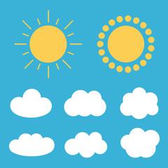 Flat design cartoon cute cloud and sun set, collection on blue background.