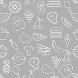 Fototapeta Kuchnia - Thin line icons seamless pattern. Food, vegetables and fruits icon grey background for websites, apps, presentations, cards, templates or blogs.
