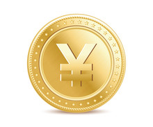 Golden Isolated Yen Coin On The White Background