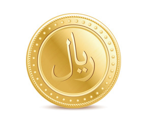 Wall Mural - Golden arabic riyal coin on the white background