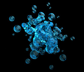 Poster - Abstract 3d rendering of chaotic liquid in empty space. Background with dynamic fluid splash. Design element.