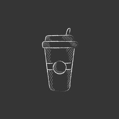 Wall Mural - Disposable cup with drinking straw. Drawn in chalk icon.