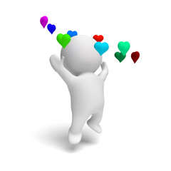 cute human 3d person jumping happily in a ring of colorful hearts in a white scene (3D illustration isolated on a white background)