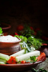 Healthy snacks: cucumber sticks, celery and carrots with ranch d