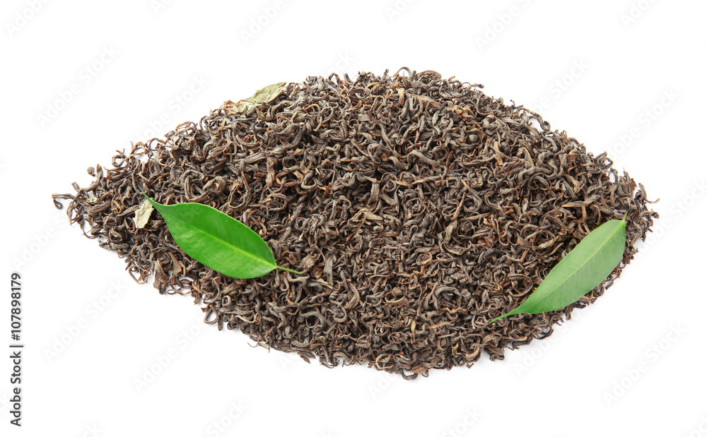 Pile of dry tea with green leaves, isolated on white