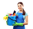 © Africa Studio - Young woman holding cleaning tools and products in bucket, isolated on white