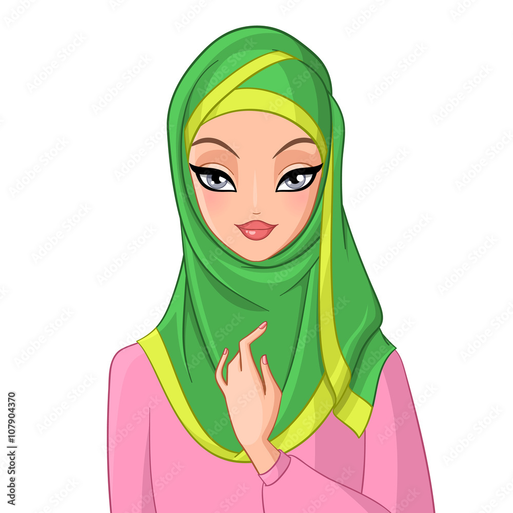 Beautiful muslim girl in green hijab. Vector illustration isolated on ...