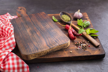 Cutting board and Spices.