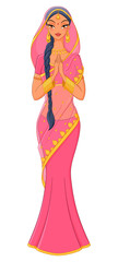 Beautiful indian girl in pink traditional saree. Vector illustra