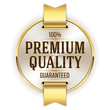 Gold premium quality badge, rosette with ribbon on white background