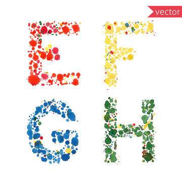 letters E, F, G, H made from colorful drops 