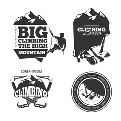 Sticker - Vintage mountain climbing vector logo and labels set. Sport climbing, emblem climbing, hobby climbing illustration