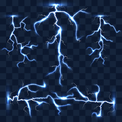 Wall Mural - realistic vector lightnings set on checkered background. bright lightning, electric lightning, effec