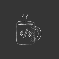 Sticker - Cup of coffee with code sign. Drawn in chalk icon.