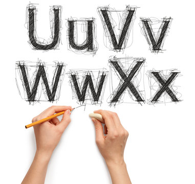 sketch letters and numbers with hand and pencil