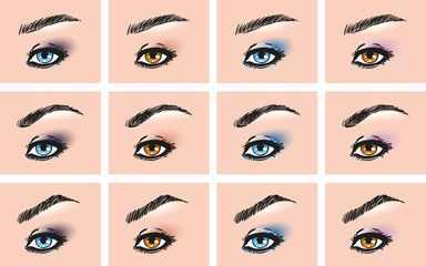 Set of female eye with different forms of eyebrows with different types of make-up and color eye shadow smoky eyes, natural beige and brown flesh-colored versions for blue and brown eyes, vector icons