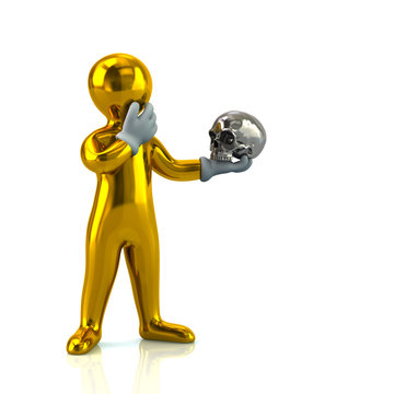 Golden cartoon man and skull