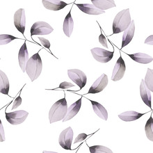 Seamless Floral Pattern With The Watercolor Purple Leaves On The Branches, Hand Drawn On A White Background