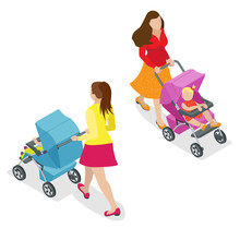Beautiful Mother On Walking With Baby In Stroller. Isometric 3d Vector Illustration. Woman With Baby And Pram Isolated On White