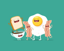Breakfast. Bacon, Eggs, Coffee And Bread