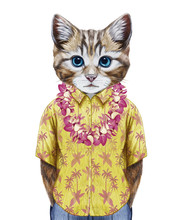 Portrait Of Cat In Summer Shirt With Hawaiian Lei. Hand-drawn Illustration, Digitally Colored.