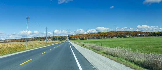 the view down a scenic country roadway in autumn landscape