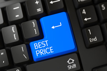Fototapete - Best Price Close Up of Black Keyboard on a Modern Laptop. Best Price Concept: Black Keyboard with Best Price on Blue Enter Keypad Background, Selected Focus. 3D.