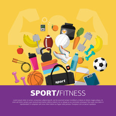 Wall Mural - Sports equipment background concept. Flat vector icon design. Fitness symbol. Lifestyle activity sign. Ball, dumbbells, kettlebells and other sports equipment.