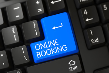 Poster - Online Booking on PC Keyboard Background. Online Booking Key on Modern Laptop Keyboard. Online Booking Close Up of Computer Keyboard on a Modern Laptop. Blue Online Booking Button on Keyboard. 3D.
