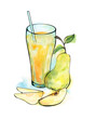Juice in a glass, a whole pear, slices of pear, watercolor illustration
