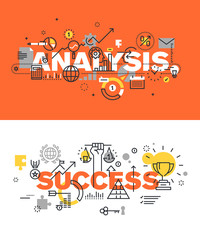 Poster - Set of modern vector illustration concepts of words analysis and success. Thin line flat design banners for website and mobile website, easy to use and highly customizable.
